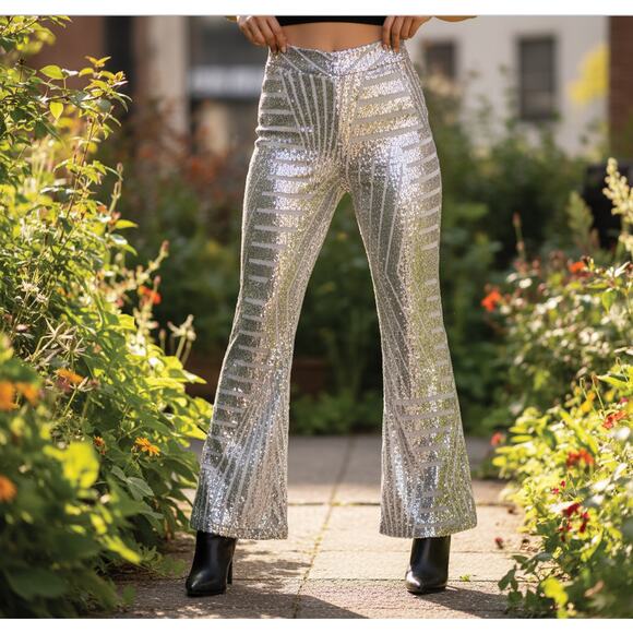 Silver Sequin Flare Pants Geometric Art Deco Pattern Size Small - Picture 1 of 6
